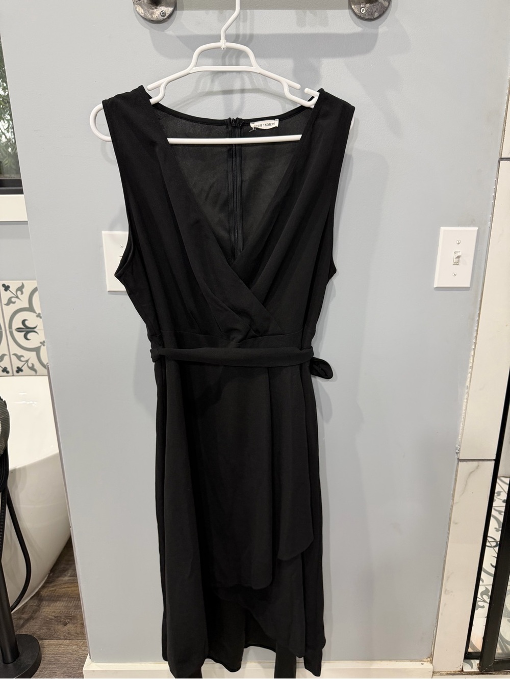 Sleeveless Black High-Low Wrap Dress with Tie Waist